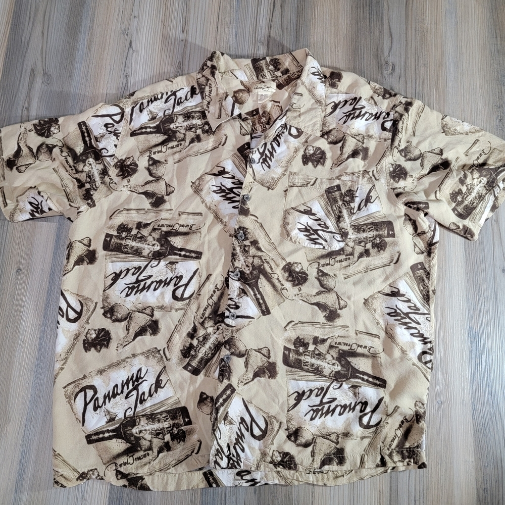 Vintage Panama Jack Silky Rayon All Over Spell Out Hawaiian Shirt 3XL Rum